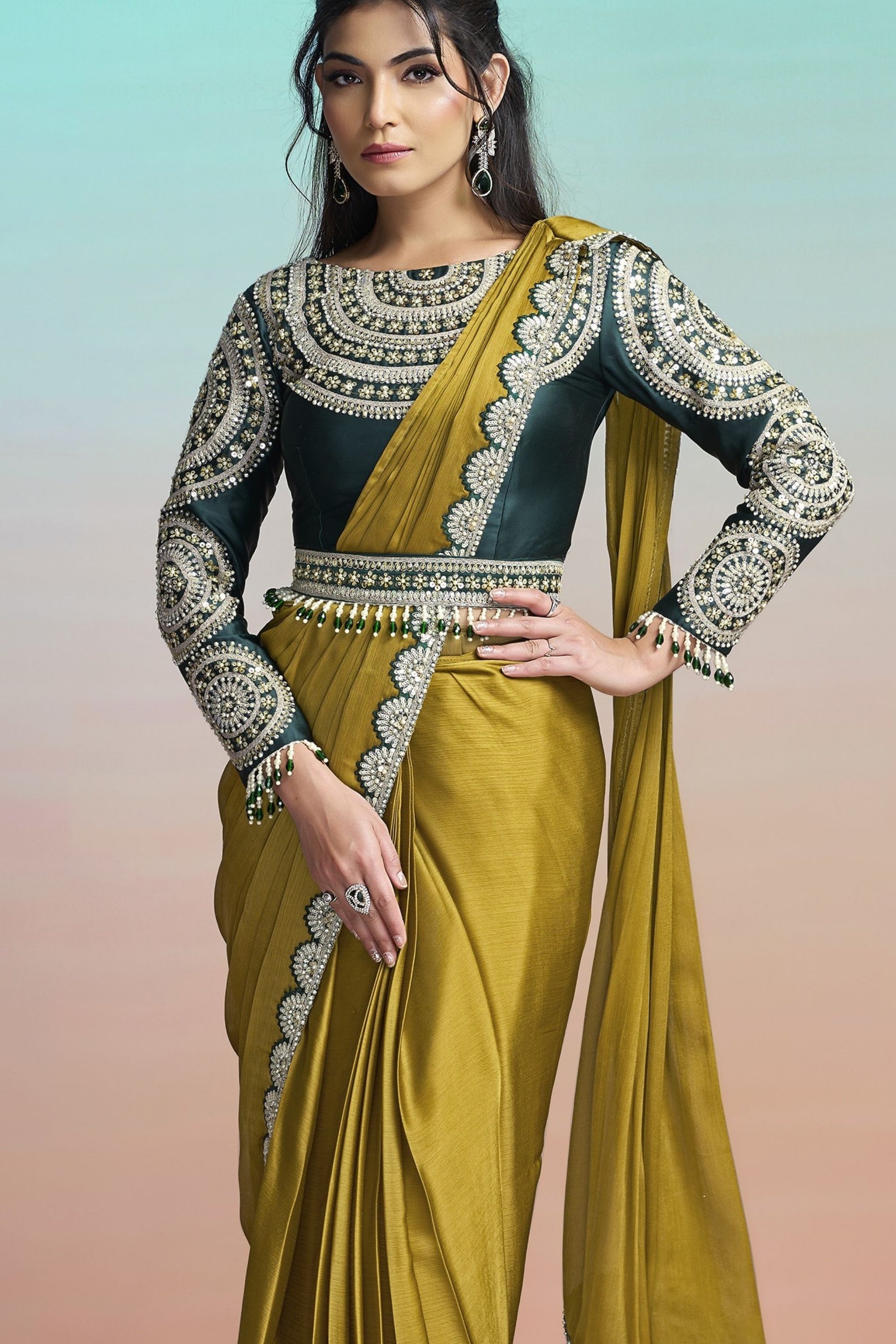 Olive Green Satin Designer Saree with Heavy Embroidered Blouse 