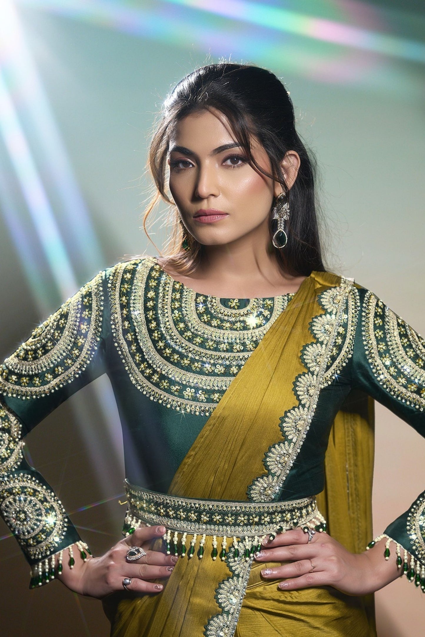 Olive Green Satin Designer Saree with Heavy Embroidered Blouse