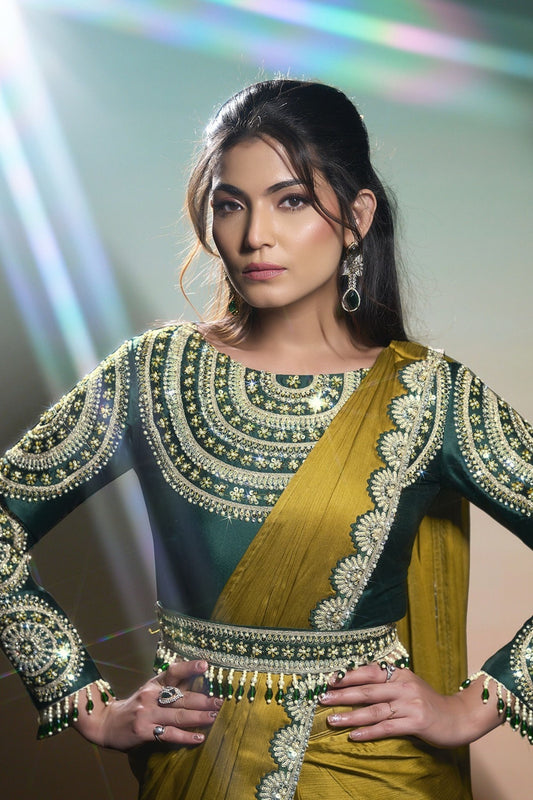 Olive Green Satin Designer Saree with Heavy Embroidered Blouse