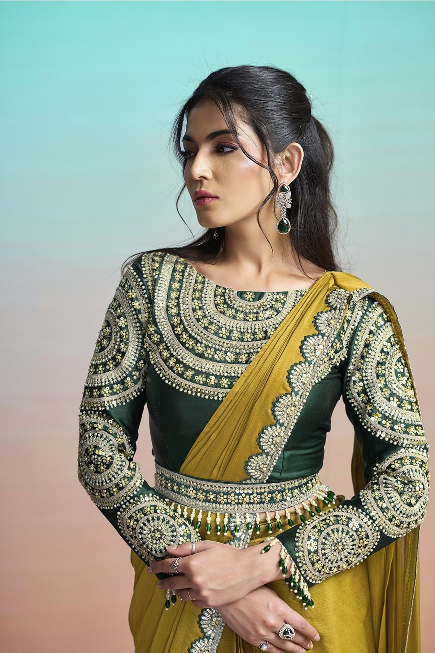 Olive Green Satin Designer Saree with Heavy Embroidered Blouse