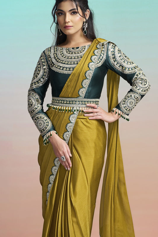 Olive Green Satin Designer Saree with Heavy Embroidered Blouse 