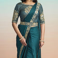 Teal Green Satin Designer Saree with Heavy Embroidered Blouse 