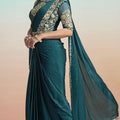 Teal Green Satin Designer Saree with Heavy Embroidered Blouse
