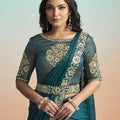 Teal Green Satin Designer Saree with Heavy Embroidered Blouse