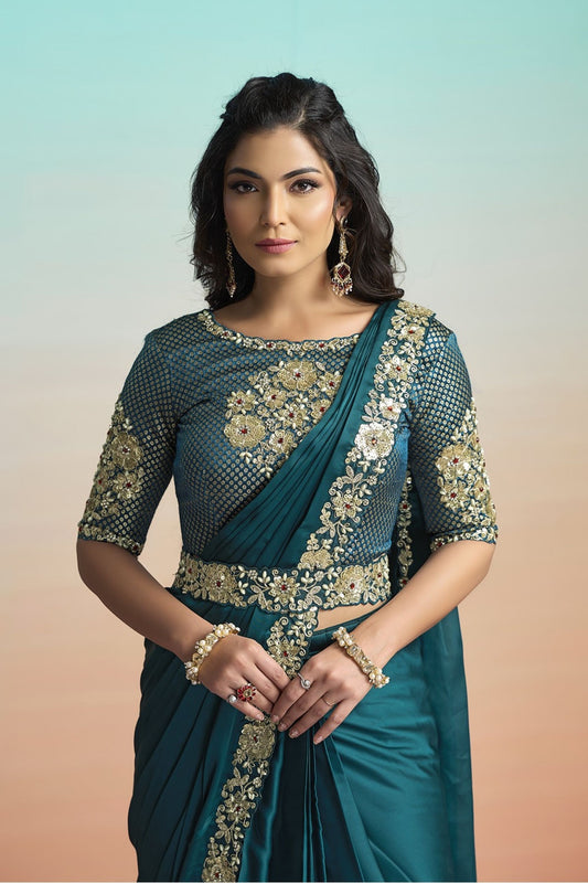 Teal Green Satin Designer Saree with Heavy Embroidered Blouse