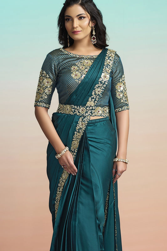 Teal Green Satin Designer Saree with Heavy Embroidered Blouse 