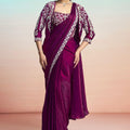 Wine Purple Satin Designer Saree with Embroidered Blouse Jacket