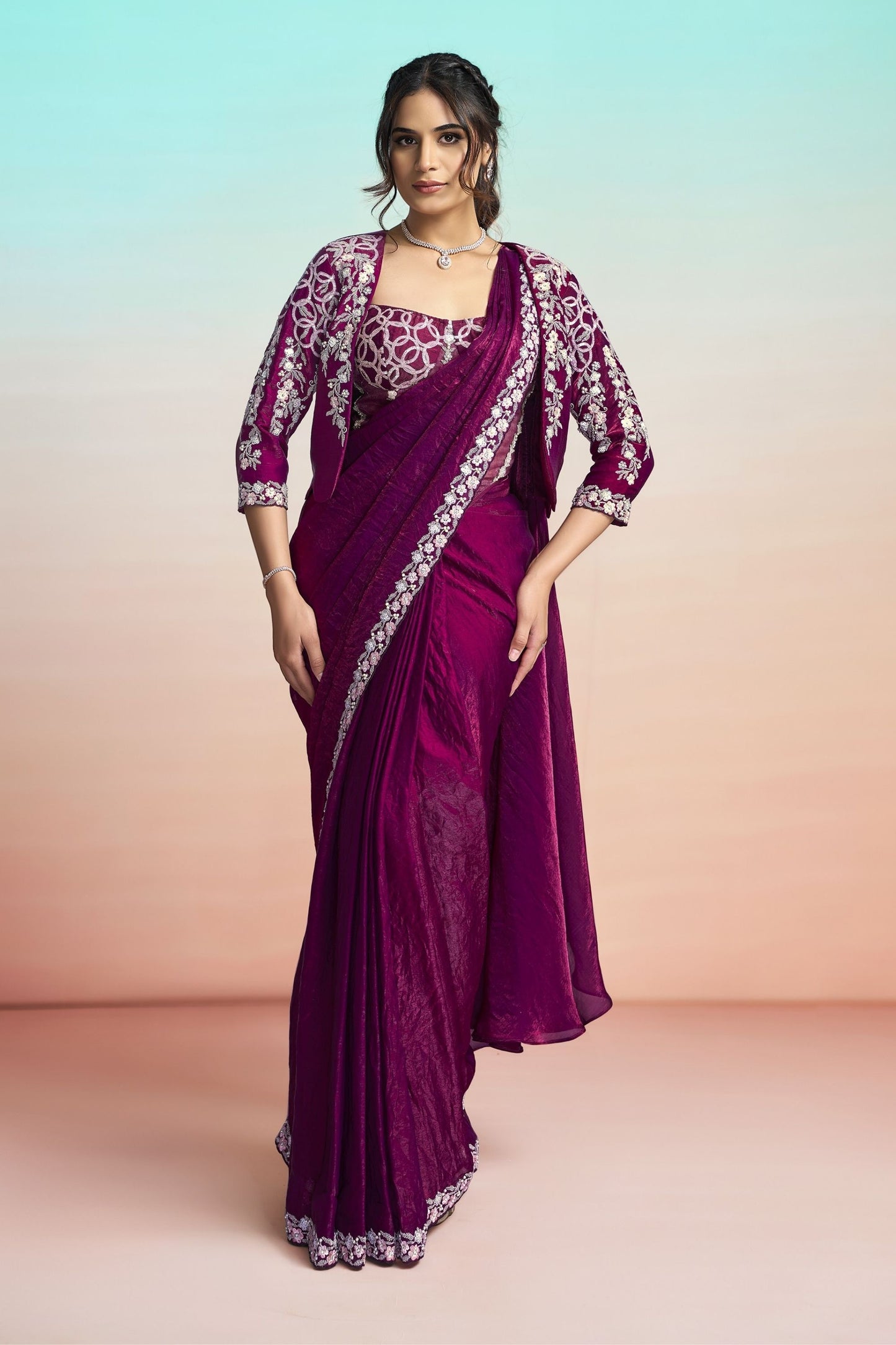 Wine Purple Satin Designer Saree with Embroidered Blouse Jacket