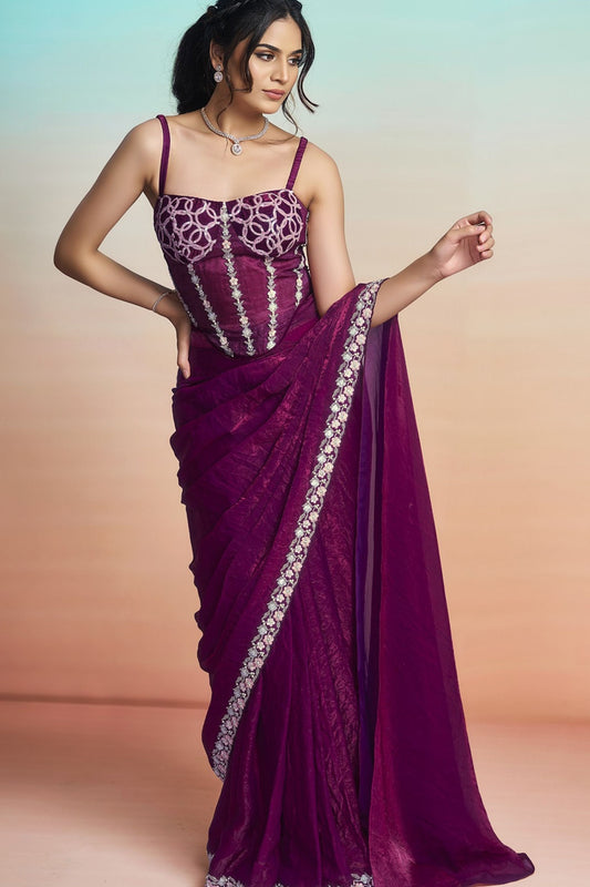 Wine Purple Satin Designer Saree with Embroidered Blouse Jacket