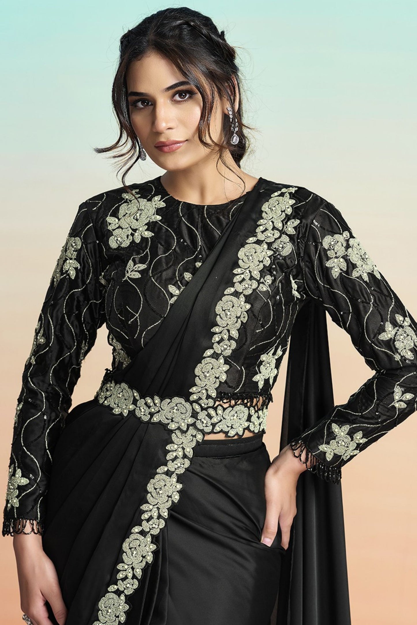 Black Satin Designer Saree with Heavy Embroidered Blouse