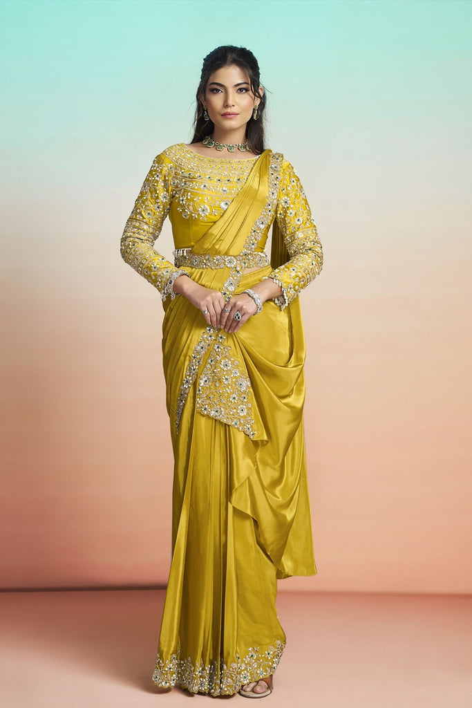 Mustard Yellow Satin Designer Saree Heavy Embroidered Blouse
