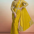 Mustard Yellow Satin Designer Saree Heavy Embroidered Blouse
