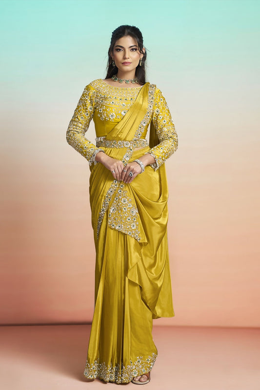 Mustard Yellow Satin Designer Saree Heavy Embroidered Blouse