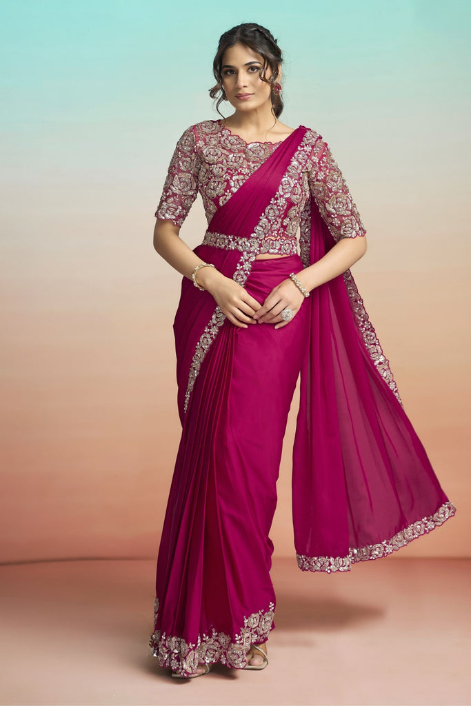 Rani Pink Satin Designer Saree with Heavy Embroidered Blouse 