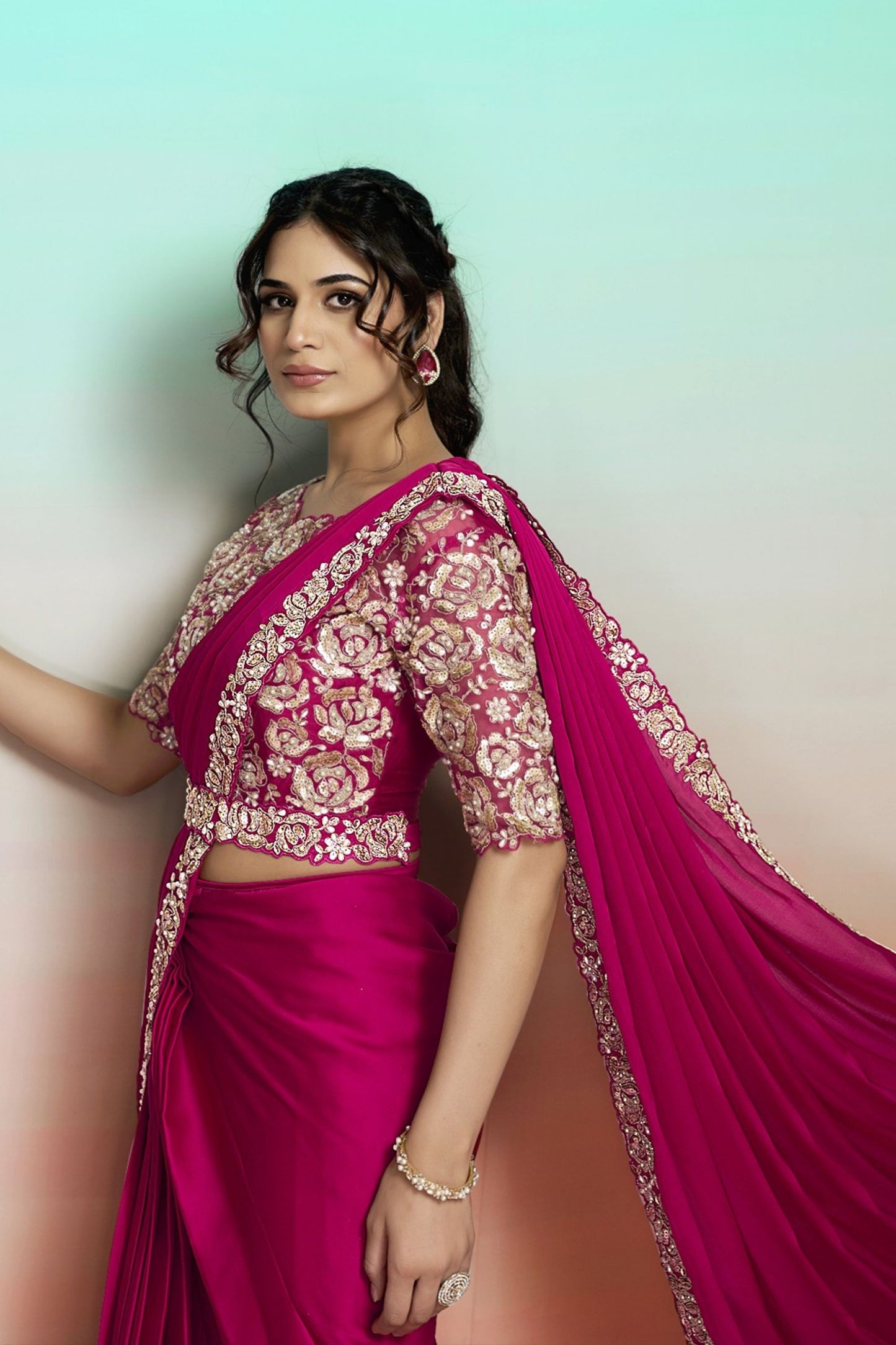 Rani Pink Satin Designer Saree with Heavy Embroidered Blouse