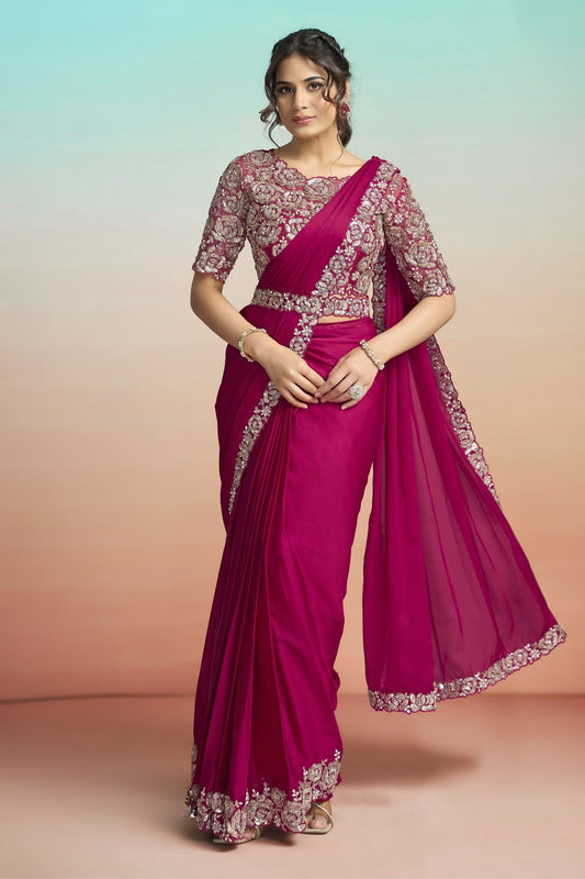 Rani Pink Satin Designer Saree with Heavy Embroidered Blouse 