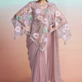  Dusty Pink Organza Designer Saree with Floral Embroidered Cape