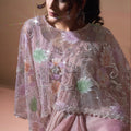 Dusty Pink Organza Designer Saree with Floral Embroidered Cape