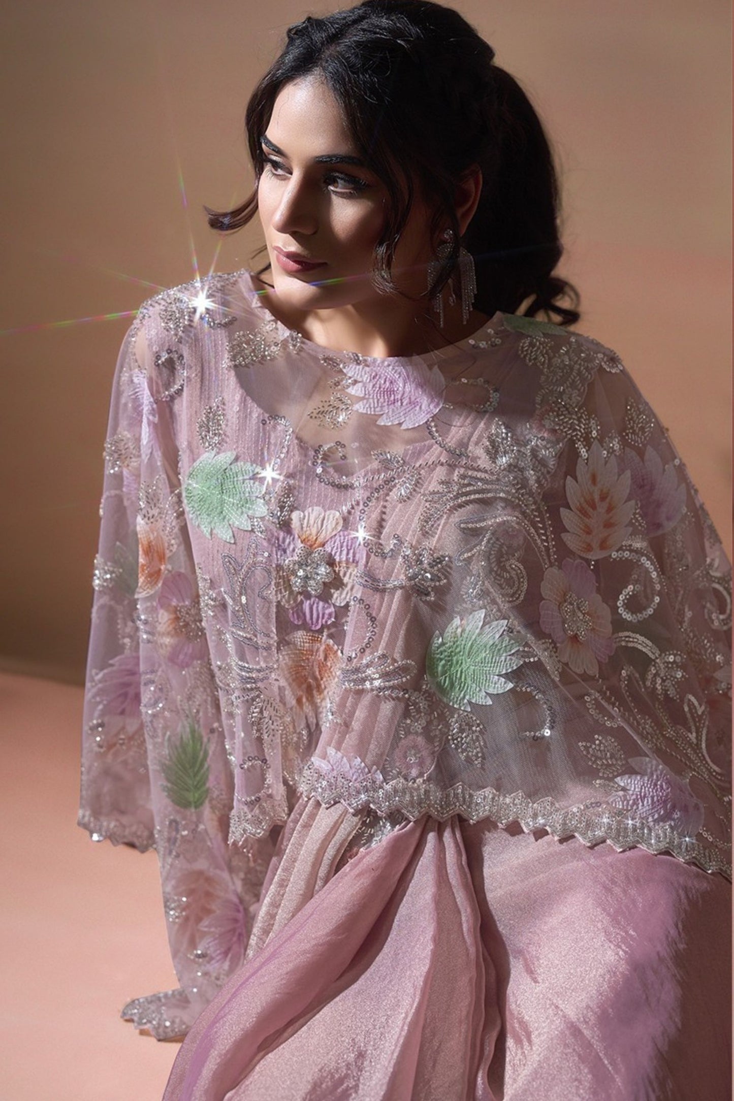 Dusty Pink Organza Designer Saree with Floral Embroidered Cape