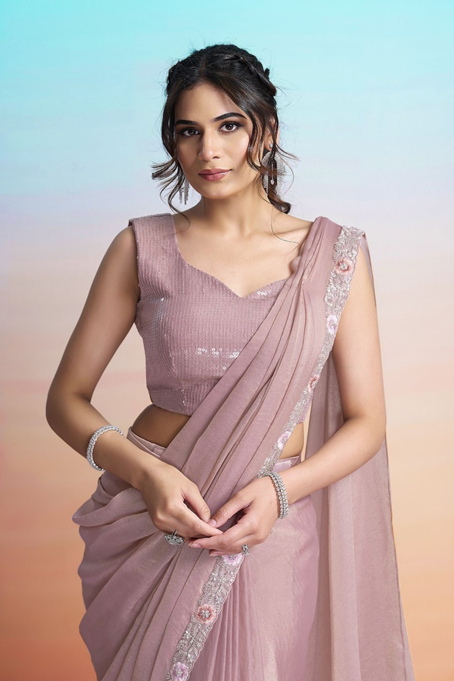 Dusty Pink Organza Designer Saree with Floral Embroidered Cape