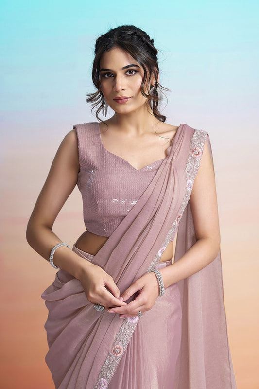 Dusty Pink Organza Designer Saree with Floral Embroidered Cape
