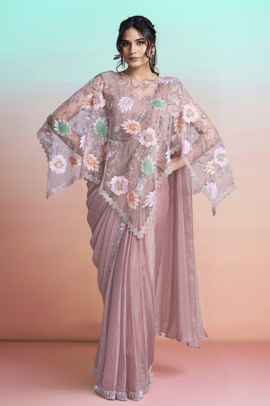  Dusty Pink Organza Designer Saree with Floral Embroidered Cape