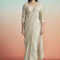 Elegant Beige Satin Designer Saree with Heavy Embroidered Blouse 