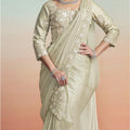 Elegant Beige Satin Designer Saree with Heavy Embroidered Blouse