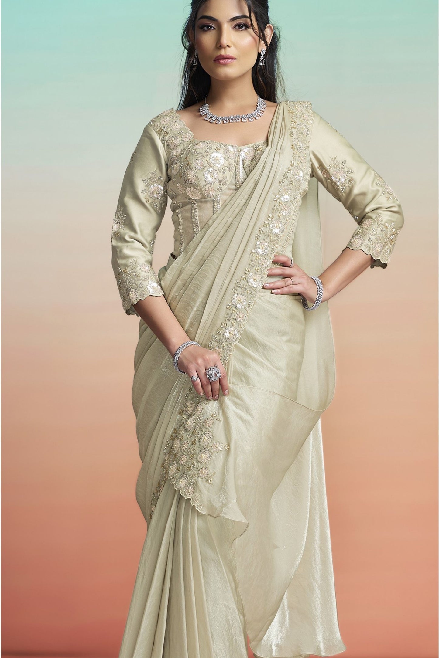 Elegant Beige Satin Designer Saree with Heavy Embroidered Blouse