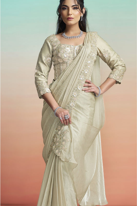 Elegant Beige Satin Designer Saree with Heavy Embroidered Blouse
