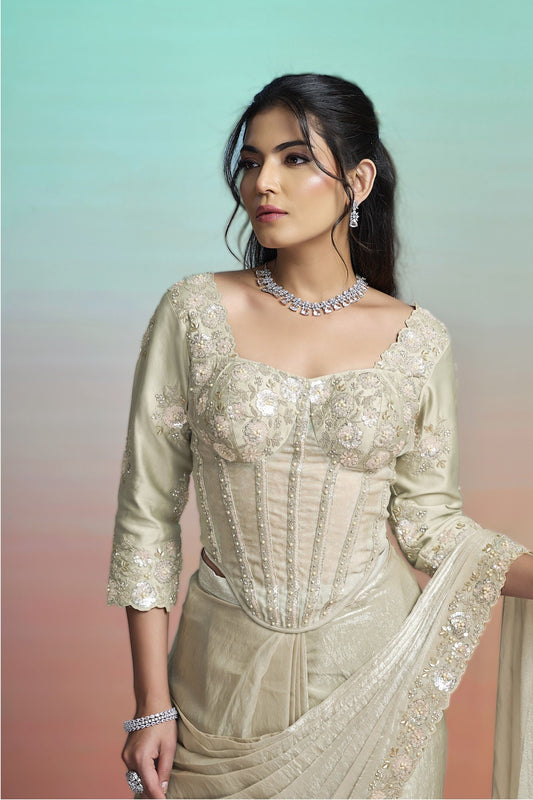 Elegant Beige Satin Designer Saree with Heavy Embroidered Blouse