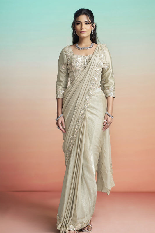 Elegant Beige Satin Designer Saree with Heavy Embroidered Blouse 