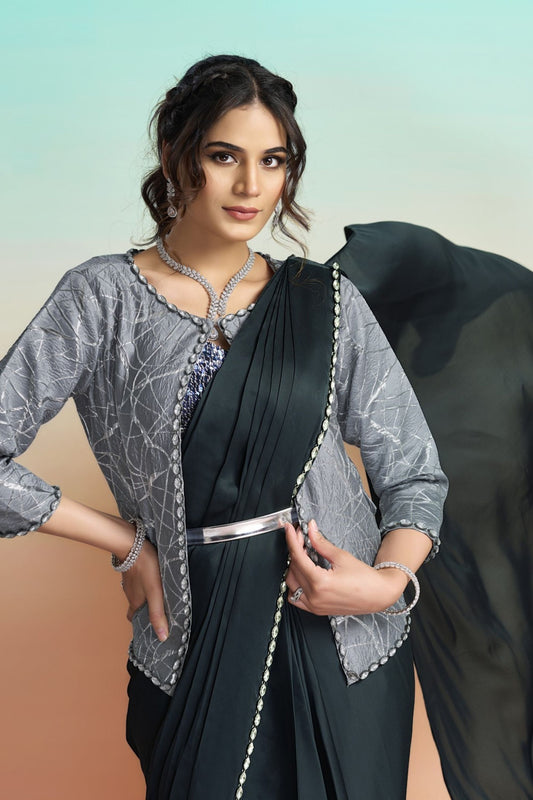 Elegant Dark Green Satin Designer Saree with Stylish Jacket
