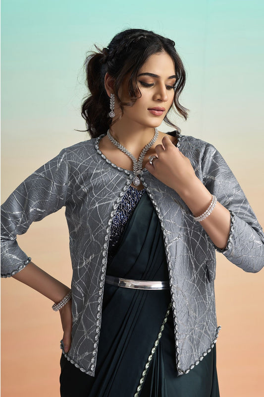 Elegant Dark Green Satin Designer Saree with Stylish Jacket