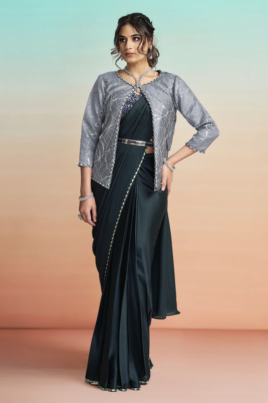 Elegant Dark Green Satin Designer Saree with Stylish Jacket