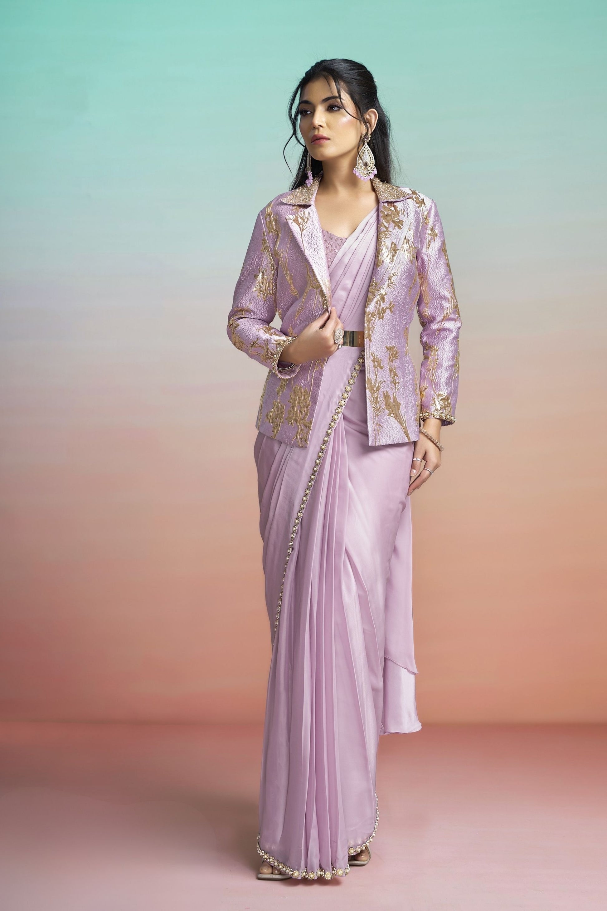 Lavender Satin Designer Saree with Stylish Embroidered Jacket 