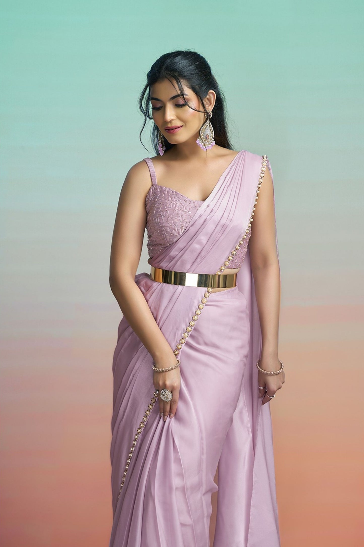 Lavender Satin Designer Saree with Stylish Embroidered Jacket