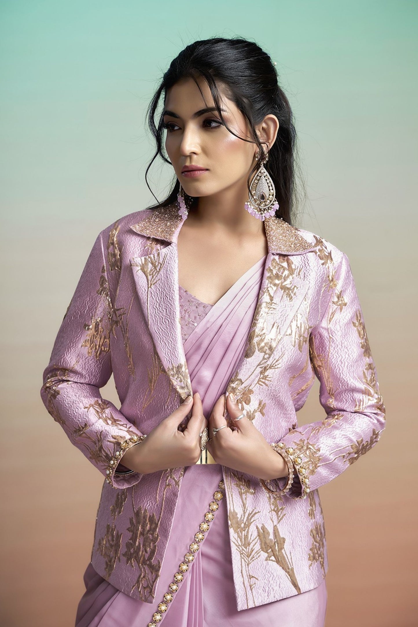 Lavender Satin Designer Saree with Stylish Embroidered Jacket