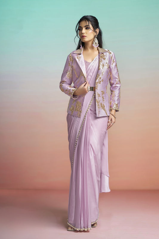  Lavender Satin Designer Saree with Stylish Embroidered Jacket 