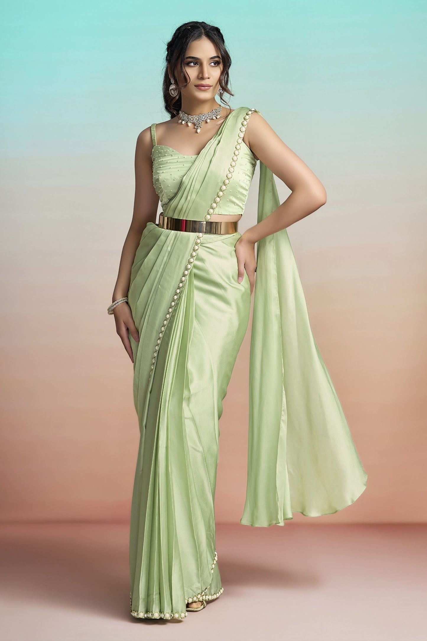 Elegant Pista Green Satin Designer Saree with Stylish Jacket