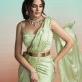 Elegant Pista Green Satin Designer Saree with Stylish Jacket