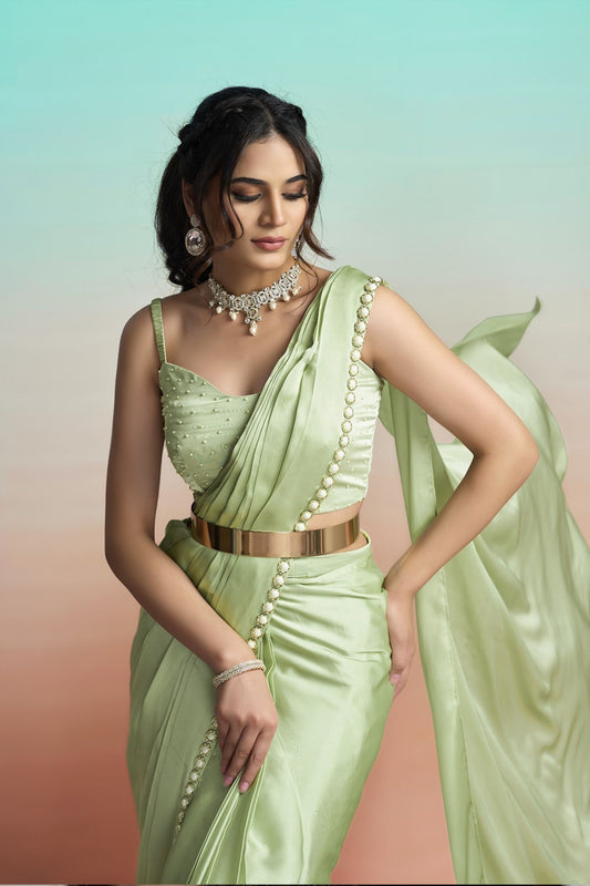 Elegant Pista Green Satin Designer Saree with Stylish Jacket