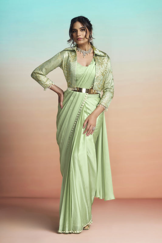 Elegant Pista Green Satin Designer Saree with Stylish Jacket 
