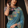 Teal Blue Floral Embroidered Designer Saree with Fancy Blouse