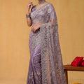 Lavender Net Saree Heavy Silver Floral Embroidery Designer Border