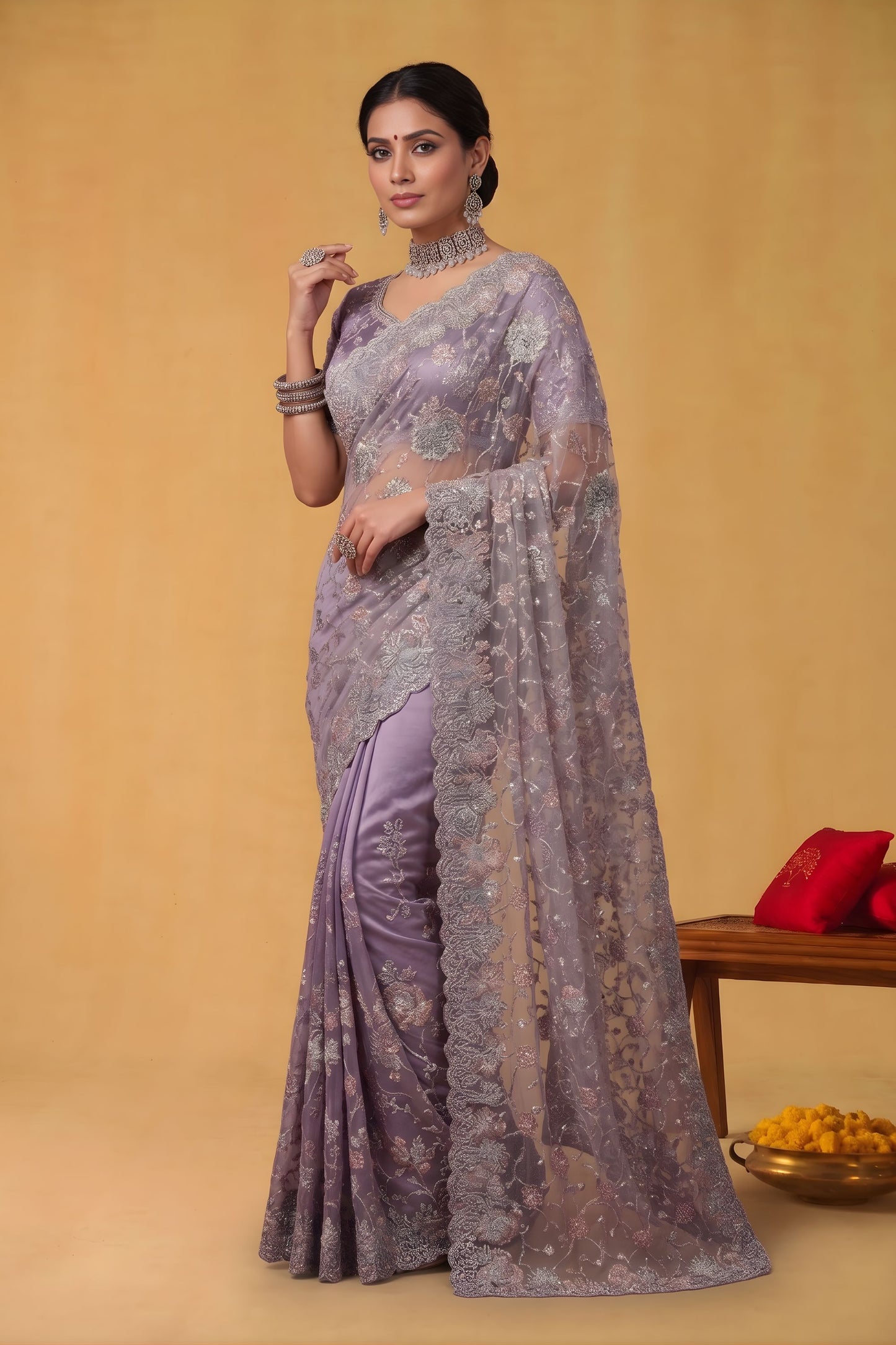 Lavender Net Saree Heavy Silver Floral Embroidery Designer Border