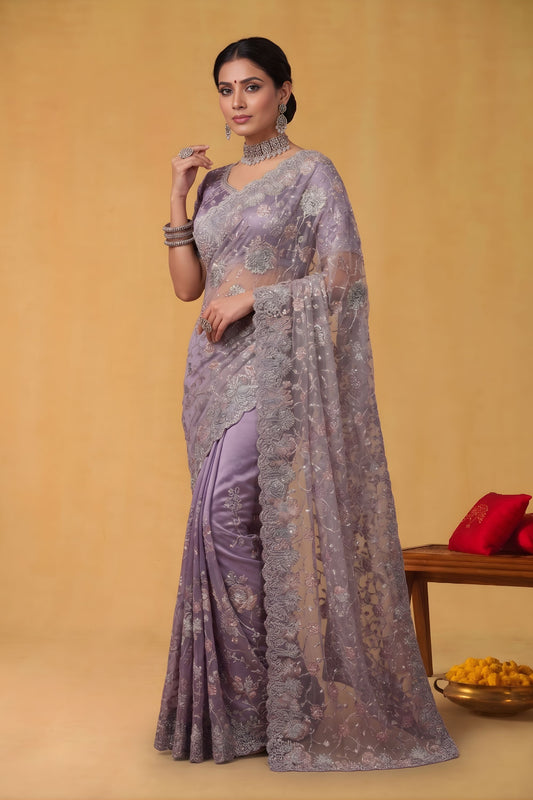 Lavender Net Saree Heavy Silver Floral Embroidery Designer Border