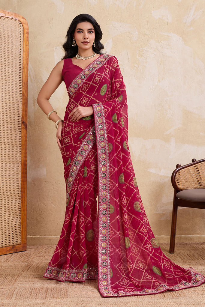 Wine Maroon Printed Saree with Traditional Motif Design Decorative Border