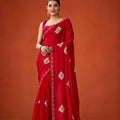 Red Embroidered Georgette Saree Floral Motifs Designer Border
