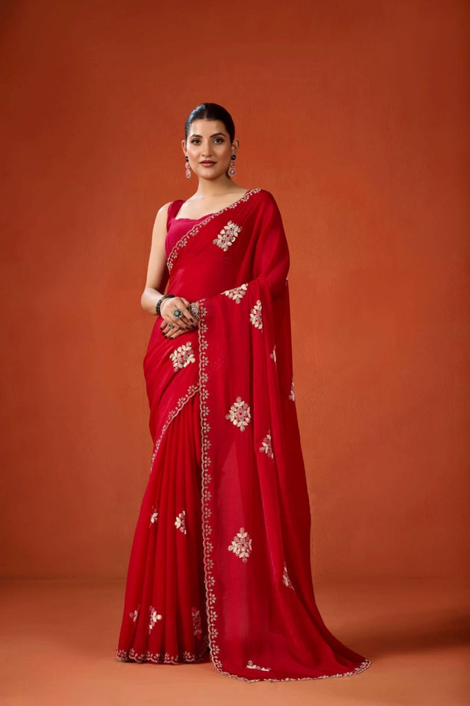 Red Embroidered Georgette Saree Floral Motifs Designer Border